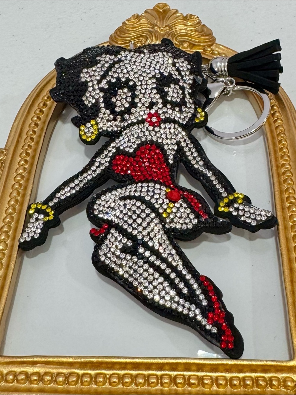 New Rhinestone Betty Boop-Style Red & Silver Keychain with Black Tassel